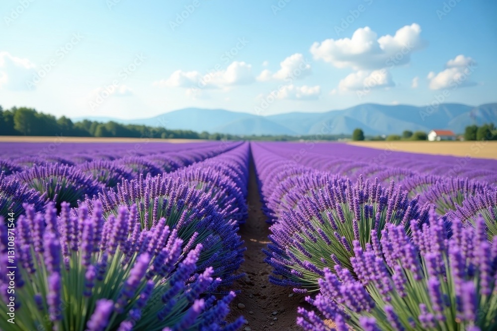 Naklejka premium Lavender field, single white plate, serene scene, aroma, simple