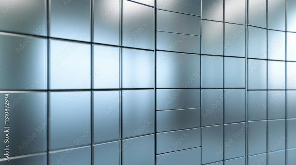 Fototapeta premium Sleek wall of large square stainless steel storage panels reflecting light, creating modern and industrial atmosphere. Ideal for contemporary design projects