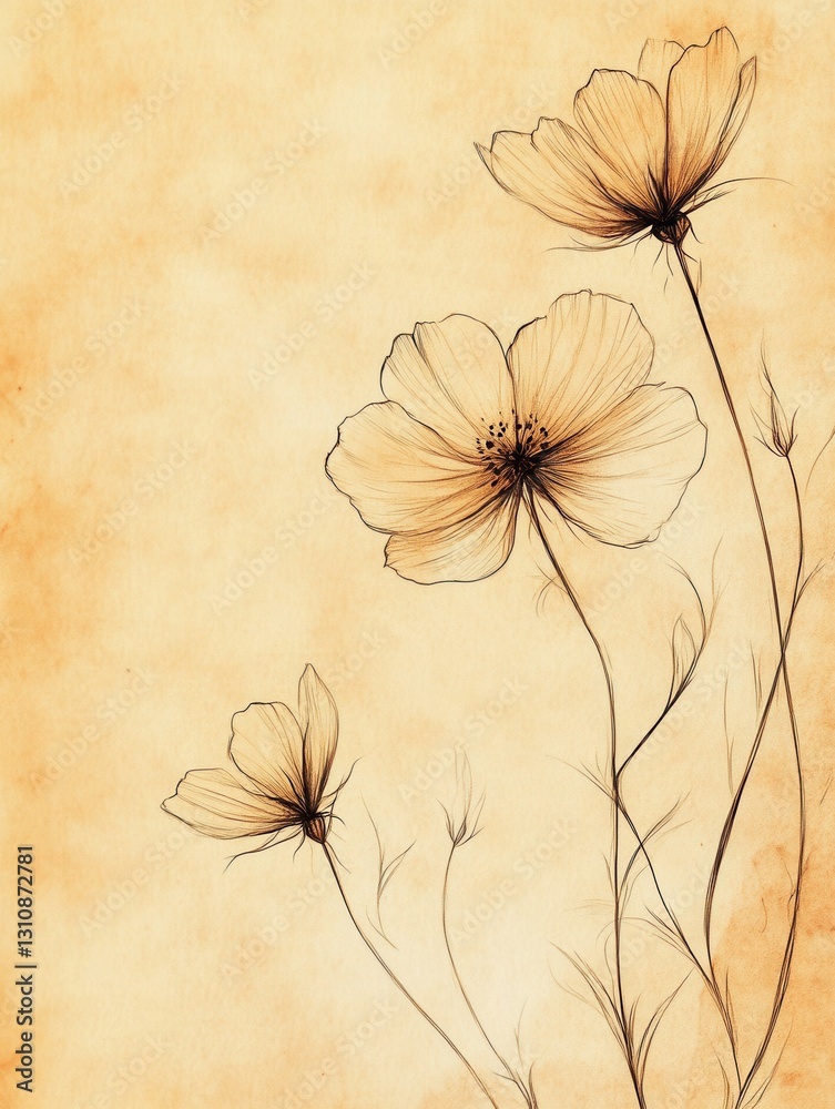 Naklejka premium Elegant hand drawn floral sketches on aged paper showcasing delicate line art in soft vintage tones with perfect golden ratio balance