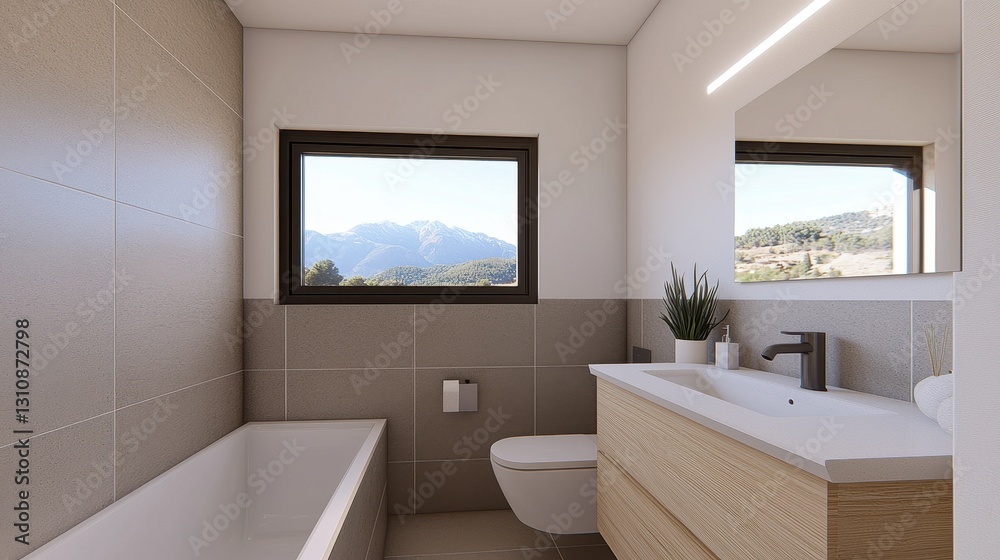 Fototapeta premium Modern Minimalist Bathroom with Natural Light and Scenic View