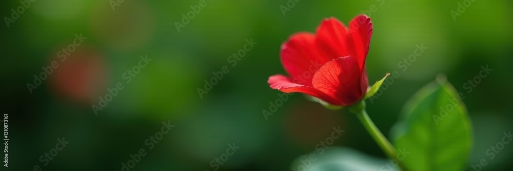 Single scarlet bloom, slender green stem against blur, bloom, graphic Single scarlet bloom, slender green stem against blur, bloom, graphic