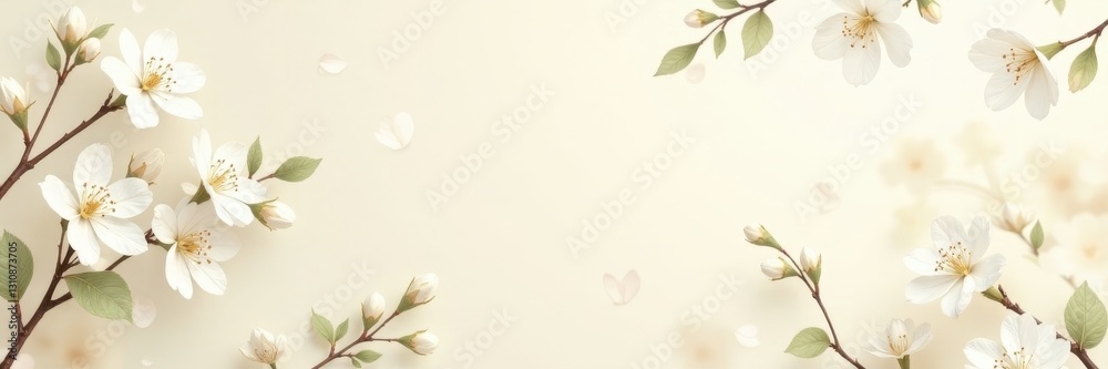 Obraz premium Subtle white blossoms and graceful leaves on cream backdrop Seamless repeat , nature, print, aesthetic