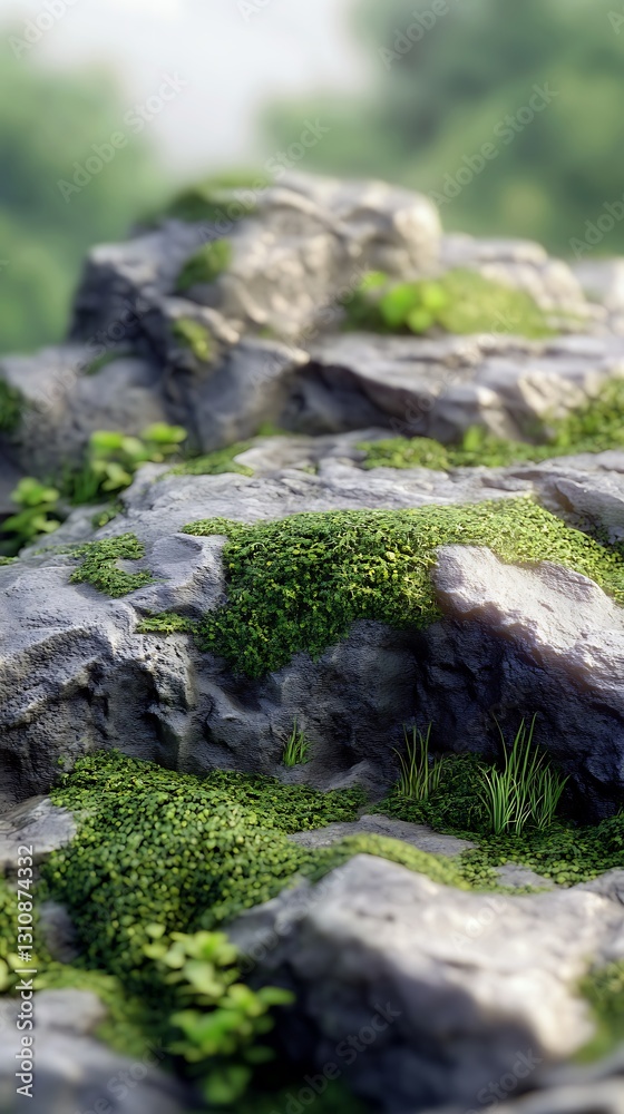 A close-up of textured rocks covered in green moss and small plants. A close-up of textured rocks covered in green moss and small plants.