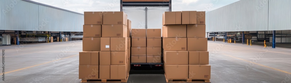A stack of cardboard boxes is positioned in a warehouse, ready for shipping, with a clear view of logistics and storage in the background. A stack of cardboard boxes is positioned in a warehouse, ready for shipping, with a clear view of logistics and storage in the background.