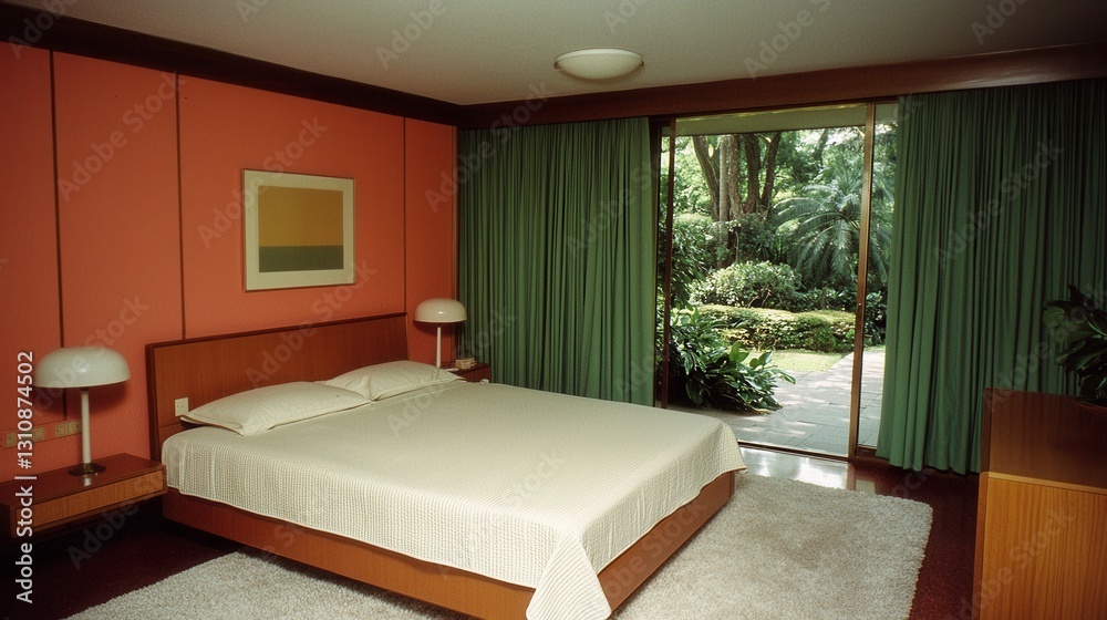 Fototapeta premium Modern bedroom interior with natural light and garden view