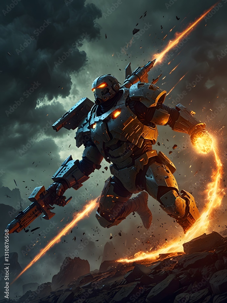 Naklejka premium Power Unleashed: A Warrior's Flight Into Battle