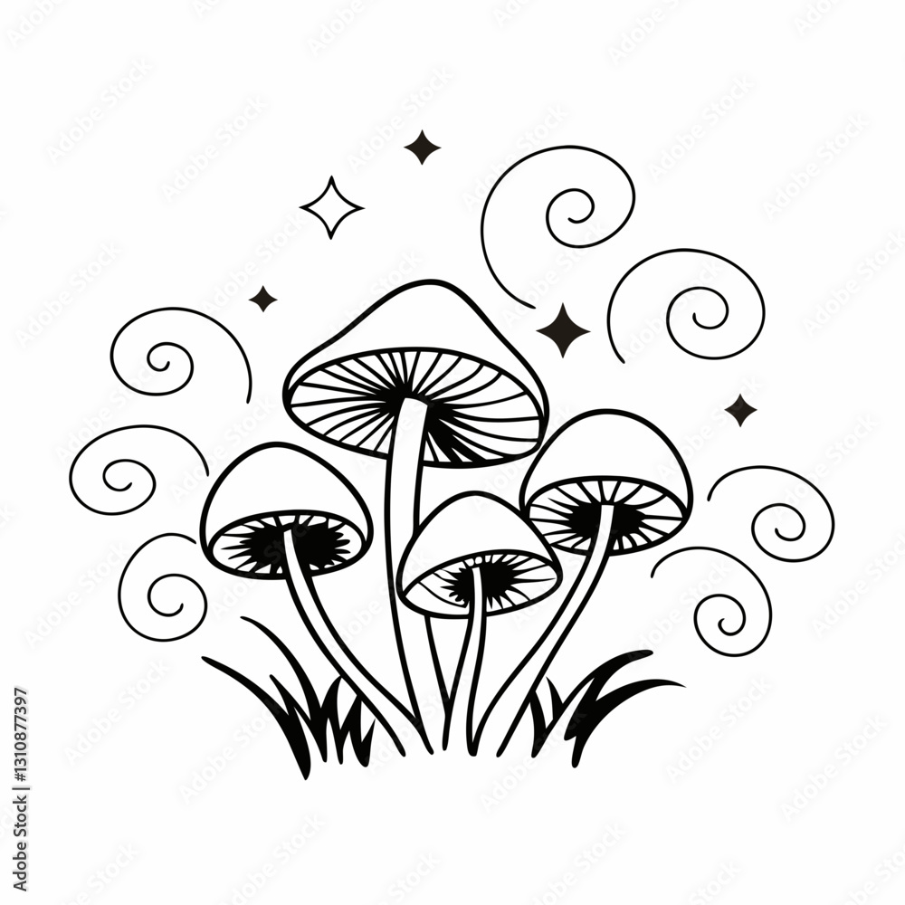 Obraz premium Enchanted Mushrooms with Celestial Swirls — Black Vector Art