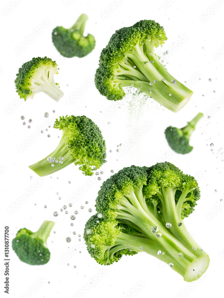 A bunch of broccoli is flying through the air. The broccoli is in different stages of being cut, with some pieces still attached to the main stalk. Concept of motion and energy A bunch of broccoli is flying through the air. The broccoli is in different stages of being cut, with some pieces still attached to the main stalk. Concept of motion and energy