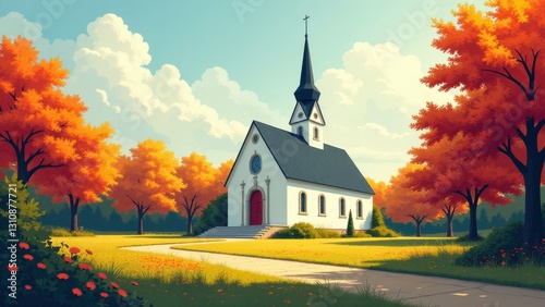 A charming church illustration with a steeple, surrounded by vibrant autumn trees and a clear sky.
