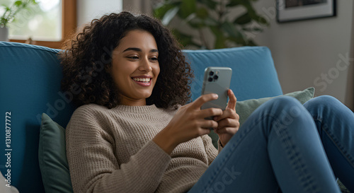 woman using a phone, Happy woman using smart phone while relaxing on blue sofawoman, young, adult, lifestyle, connection, couch, media, Generated AI
