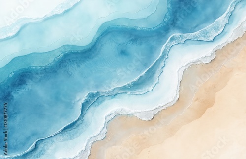 Abstract watercolor painting of blue ocean with gentle waves and sand beach. Fresh, cheerful summer concept. Calming, relaxing positive healthy tones as wallpaper or background.
