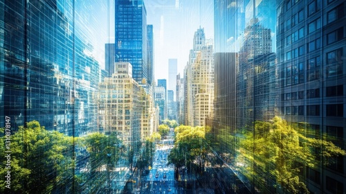A diagonal view emphasizes the contrast between sophisticated office buildings and charming historical structures with patches of greenery interspersing the concrete jungle providing photo