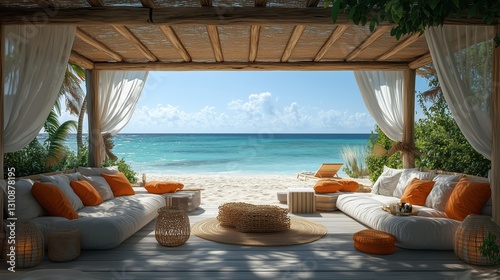 Fototapeta Naklejka Na Ścianę i Meble -  Cozy beach cabana with comfortable seating under bright sun at a sunny beach with calm waves and lush greenery for relaxation and leisure. Summer background concept.