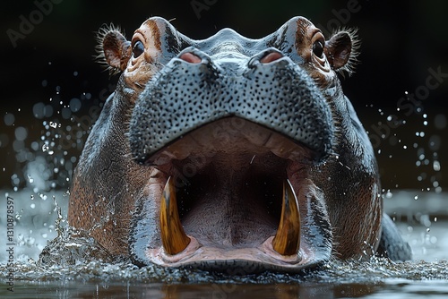 Captivating Portrait of a Hippopotamus in Water with Mouth Wide Open and Water Droplets