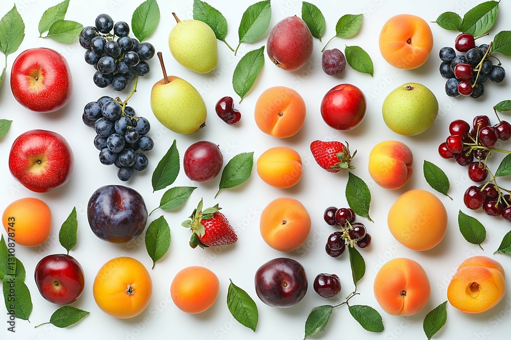 An assortment of fresh fruits and green leaves arranged on white