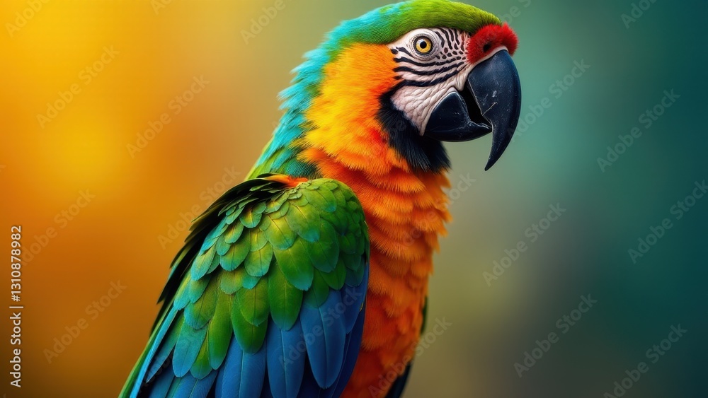A colorful conure with vibrant green, blue, and orange feathers, and a striking black beak. A colorful conure with vibrant green, blue, and orange feathers, and a striking black beak.