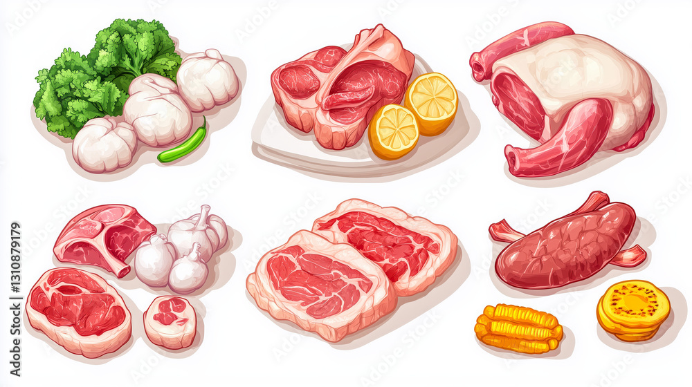 A collection of meat and vegetables on a white background. The vegetables include broccoli, corn, and carrots. The meat includes chicken, beef, and pork. Concept of abundance and variety A collection of meat and vegetables on a white background. The vegetables include broccoli, corn, and carrots. The meat includes chicken, beef, and pork. Concept of abundance and variety