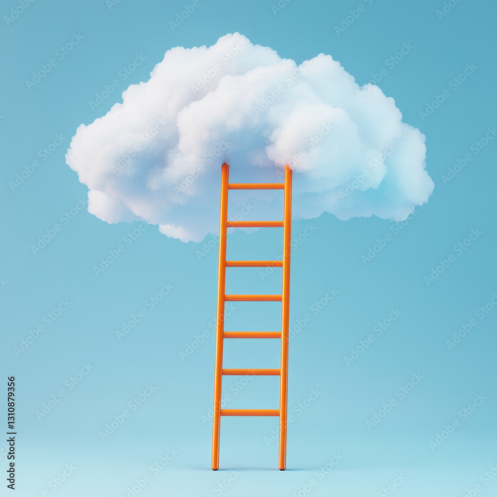 vibrant orange ladder leads to fluffy white cloud against blue background, symbolizing dreams and aspirations. This imaginative scene evokes sense of wonder and creativity vibrant orange ladder leads to fluffy white cloud against blue background, symbolizing dreams and aspirations. This imaginative scene evokes sense of wonder and creativity