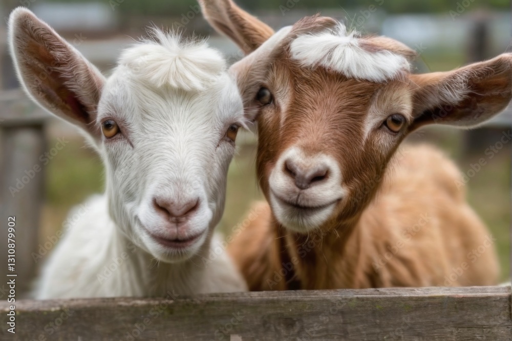 Adorable goats peeking over a wooden fence in a grassy field, one white with black spots and the other brown. Adorable goats peeking over a wooden fence in a grassy field, one white with black spots and the other brown.
