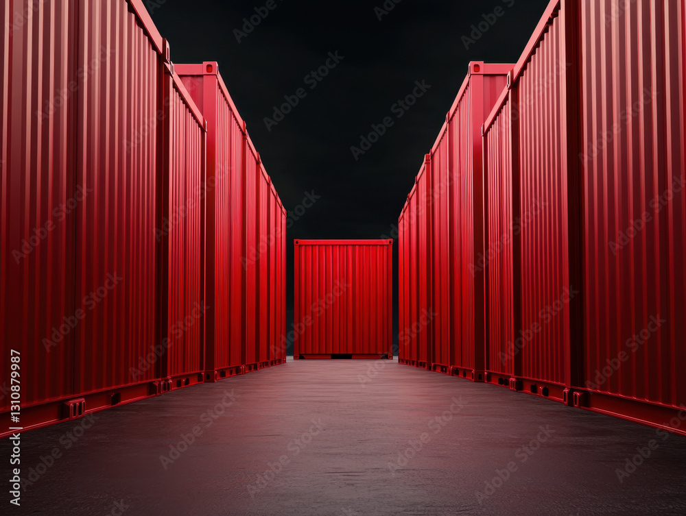 Fototapeta premium Red shipping containers lined up in dark environment create striking visual. scene evokes sense of depth and perspective, highlighting industrial setting