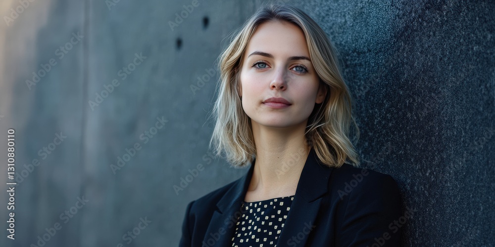 Fototapeta premium Confident Young Woman in Business Attire Against a Modern Background