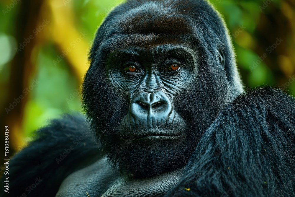 Obraz premium Majestic Mountain Gorilla Portrait Captured in Vibrant Natural Habitat in the Wild Rainforest