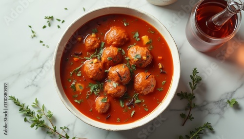Delicious tomato soup with meatballs, served with wine on marble table