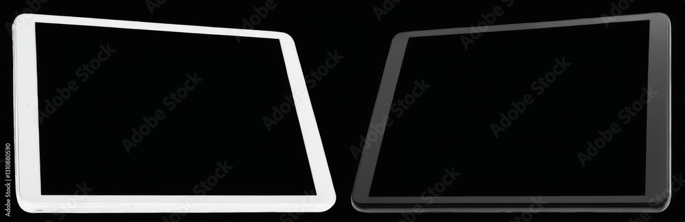 Modern tablet and smartphone in black and white on black background, sleek design with blank screens, technology concept. Modern tablet and smartphone in black and white on black background, sleek design with blank screens, technology concept.
