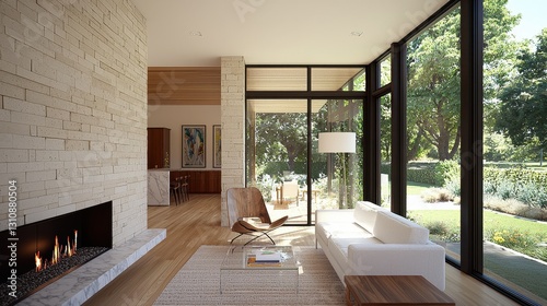 Modern living room with large windows and cozy fireplace design