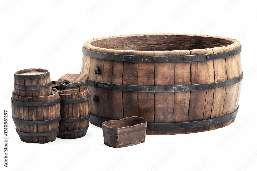 Detailed Rustic Wooden Barrels and Crate Collection Against a White Detailed Rustic Wooden Barrels and Crate Collection Against a White