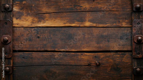 Old wooden trap door with aged texture and rustic metal accents, showcasing beauty of natural wood grain and craftsmanship
