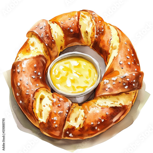 A watercolor rendering of a soft pretzel with salt and cheese dip