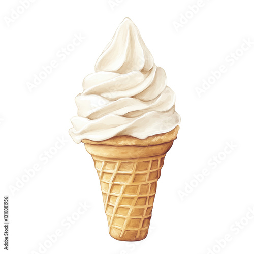 A watercolor-style image of an ice cream cone with soft serve vanilla