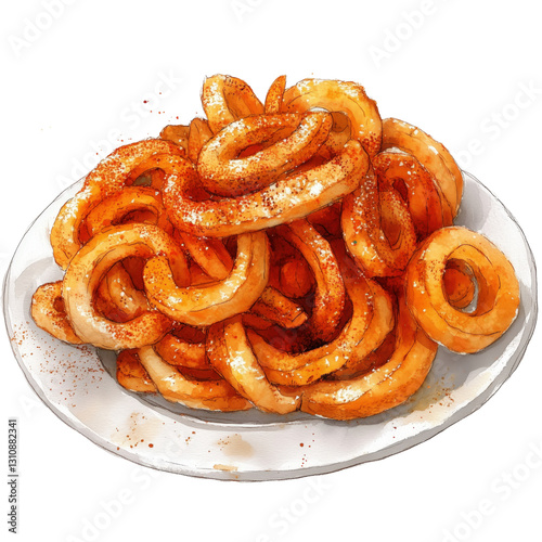 A watercolor-style depiction of a plate of curly fries with seasoning
