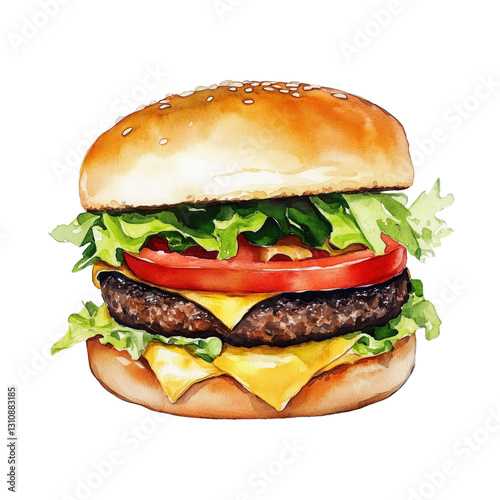 A watercolor painting of a classic hamburger with lettuce and tomato