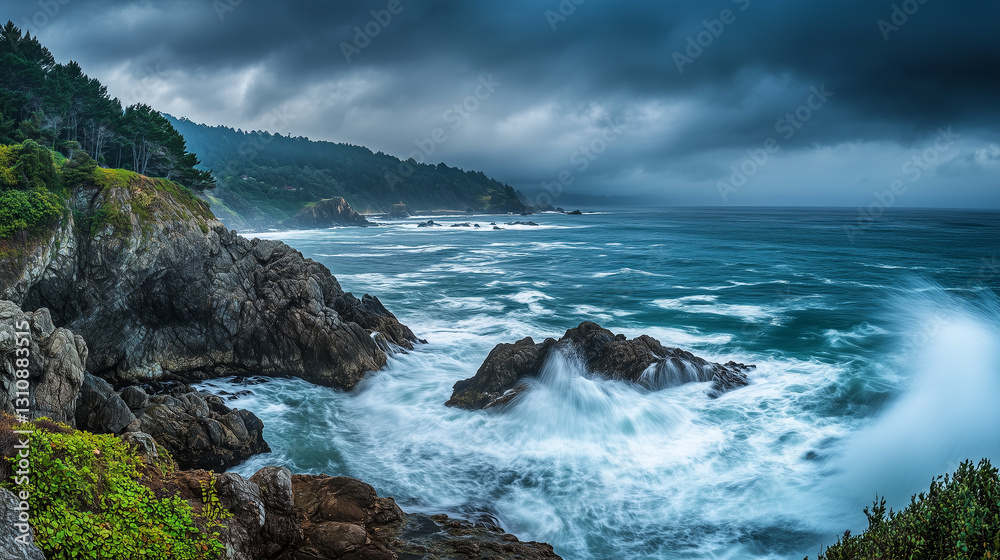 Naklejka premium Ocean waves storm dramatic seascape coastline rock wave sea water nature coast