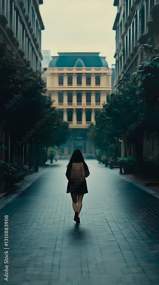 Woman Walking Away In Gloomy City Street Back View Photography of a Woman Walking Away In Gloomy City Street Back View Photography of a