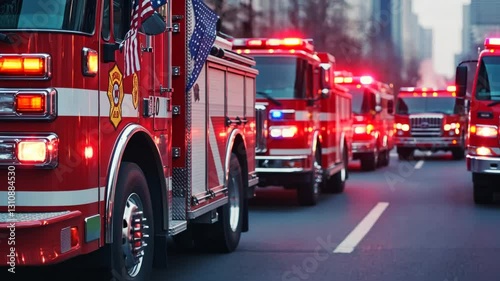 A Convoy of Fire Trucks Rolling Through City Streets