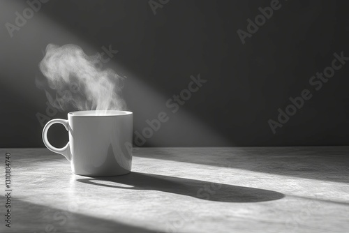 A white mug steaming on a light colored surface in sunlight