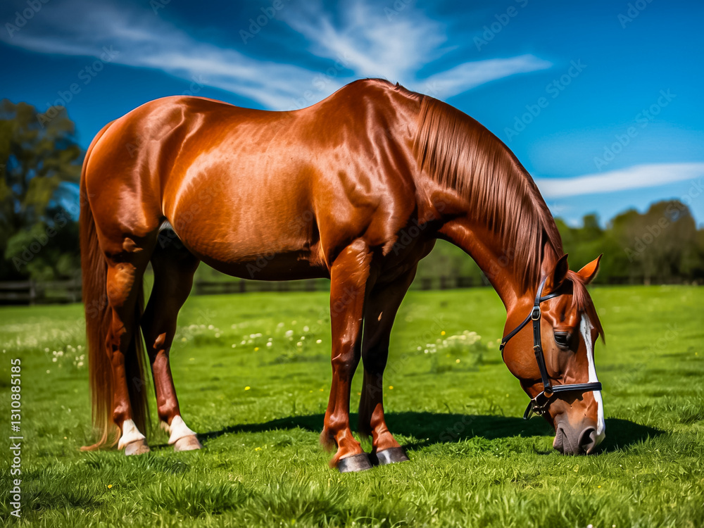 Obraz premium Single brown horse grazing in the green pasture