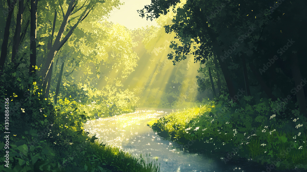 Obraz premium scenic hiking trail through a dense forest, with sunlight filtering through the trees and a clear path