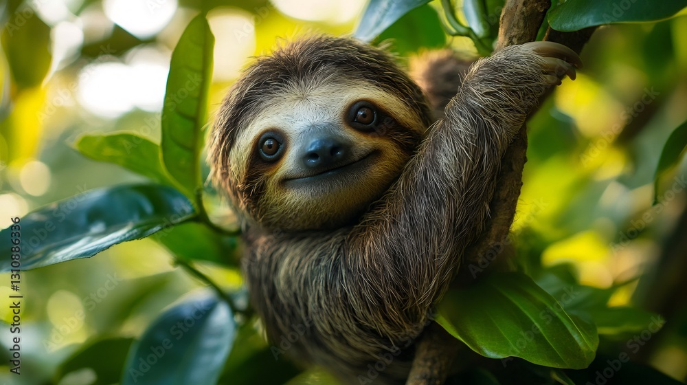 Smiling sloth hanging on a tree branch in rainforest Smiling sloth hanging on a tree branch in rainforest