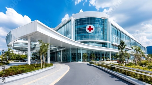 Modern hospital building with red cross symbol showing healthcare and medical services
