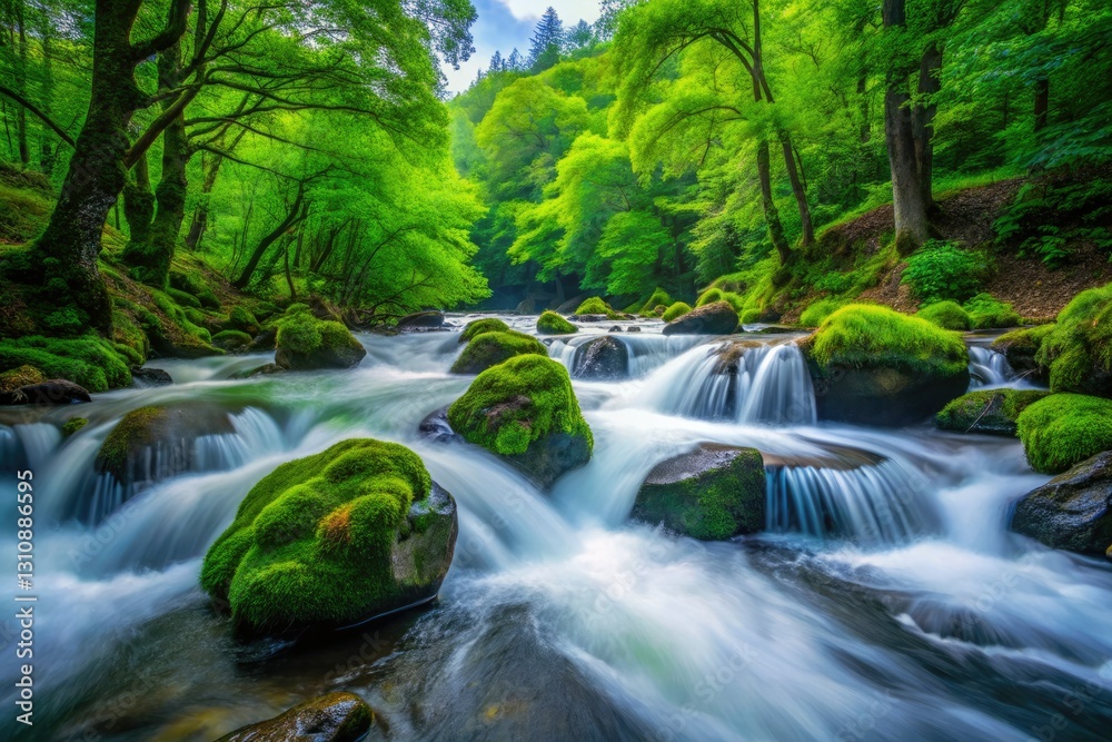 Turbulent river rapids rush past dark rocks, vibrant green foliage framing the scene. Turbulent river rapids rush past dark rocks, vibrant green foliage framing the scene.