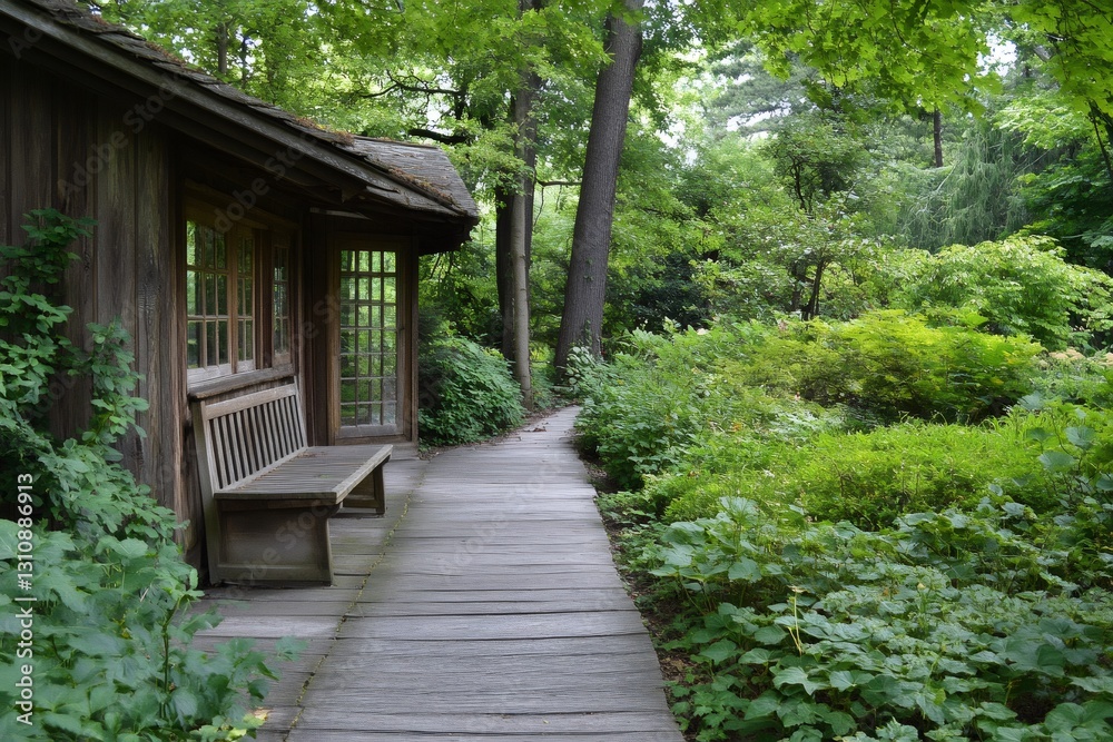 Wooden boardwalk leading through lush green forest next to a cabin Wooden boardwalk leading through lush green forest next to a cabin