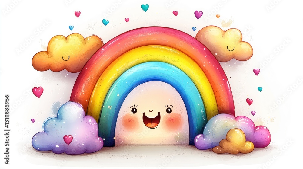 Obraz premium Cute rainbow with happy clouds and hearts.