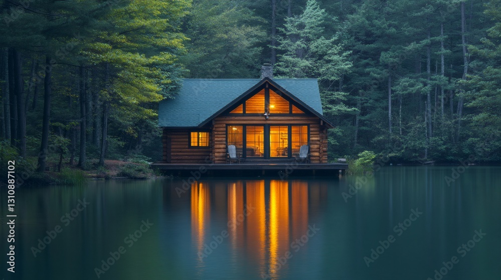 Cozy wooden cabin reflecting on calm lake at twilight in the forest Cozy wooden cabin reflecting on calm lake at twilight in the forest