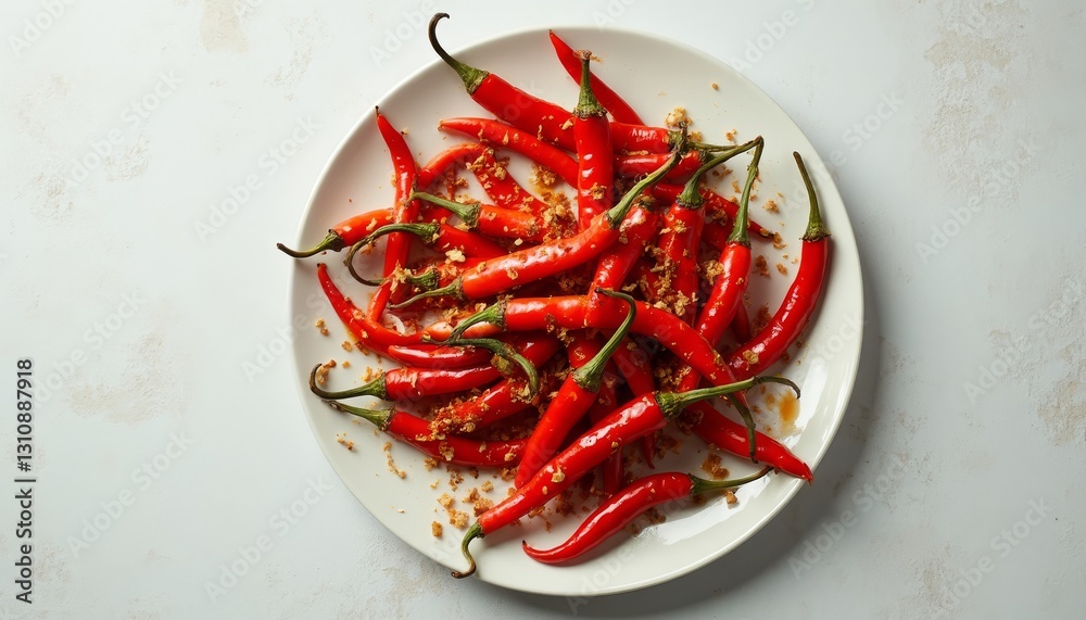 A vibrant display of fresh red chili peppers with fried garlic on a plate A vibrant display of fresh red chili peppers with fried garlic on a plate