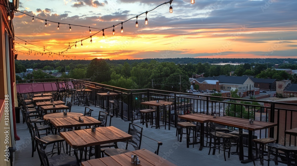 Fototapeta premium Chic rooftop restaurant with open-air seating, cozy lighting, and a scenic city view.