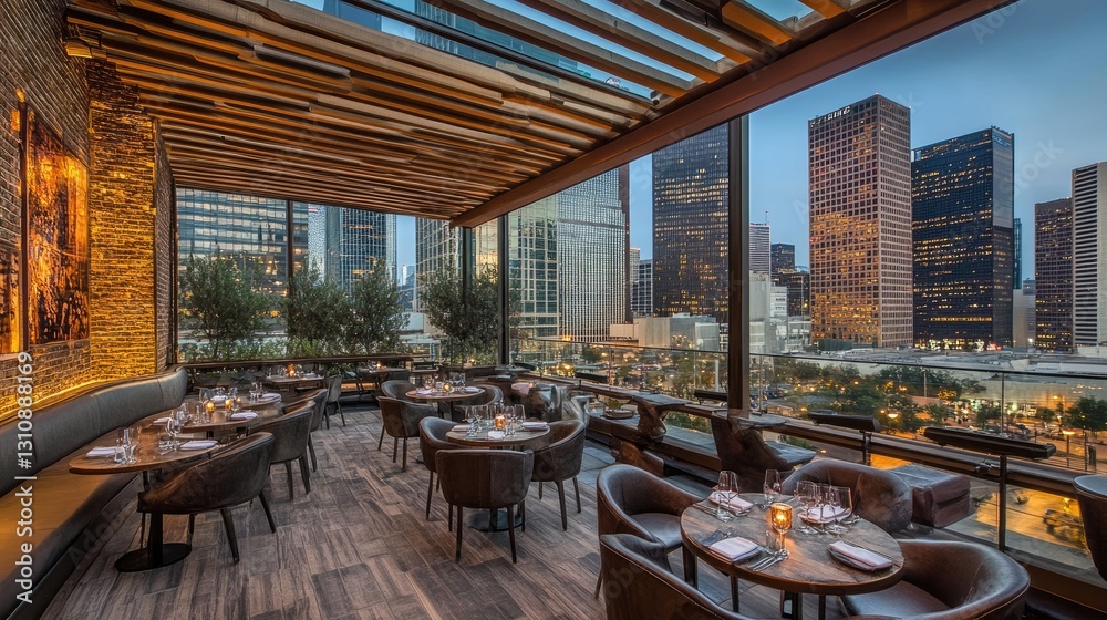Fototapeta premium Chic rooftop restaurant with open-air seating, cozy lighting, and a scenic city view.